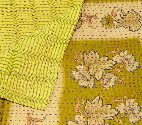 Medium Kantha Quilt - Green Geo Paisley & Floral
