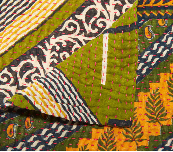 Small Kantha Quilt - Green & Blue Geo
